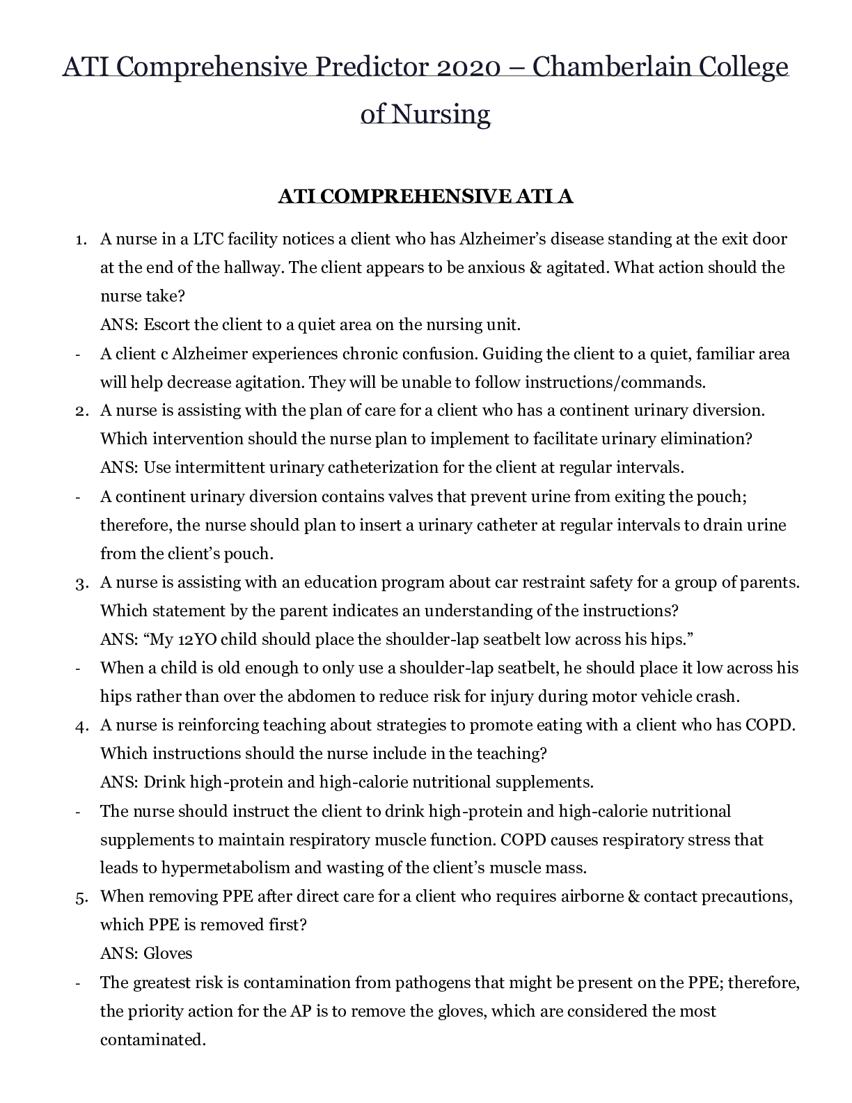 Preview image for ATI Comprehensive Predictor 2020 – Chamberlain College  of Nursing